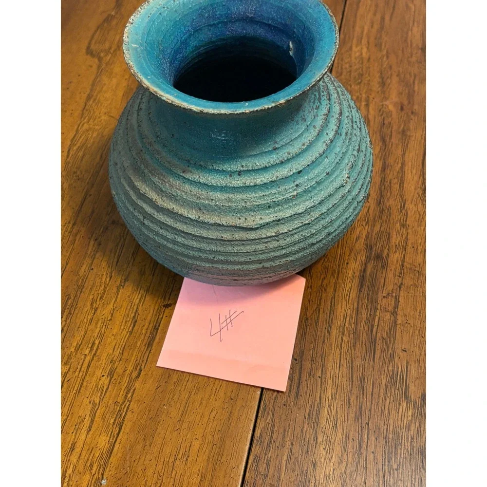 Stoneware Pottery Turquoise Blue Ribbed Textured‎ Vase Pot Signed Brutalist 5.5